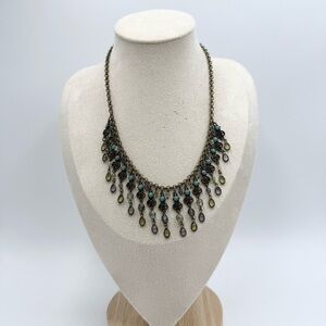 Avon Bohemian Antiqued Brass Turquoise Enamel Dangle Blue Green Bib Necklace